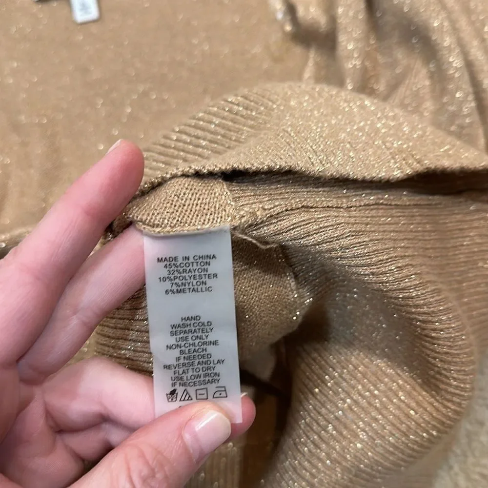Chaus New York Gold Glitter Sparkle Faux Wrap Sweater Top Women Size Large